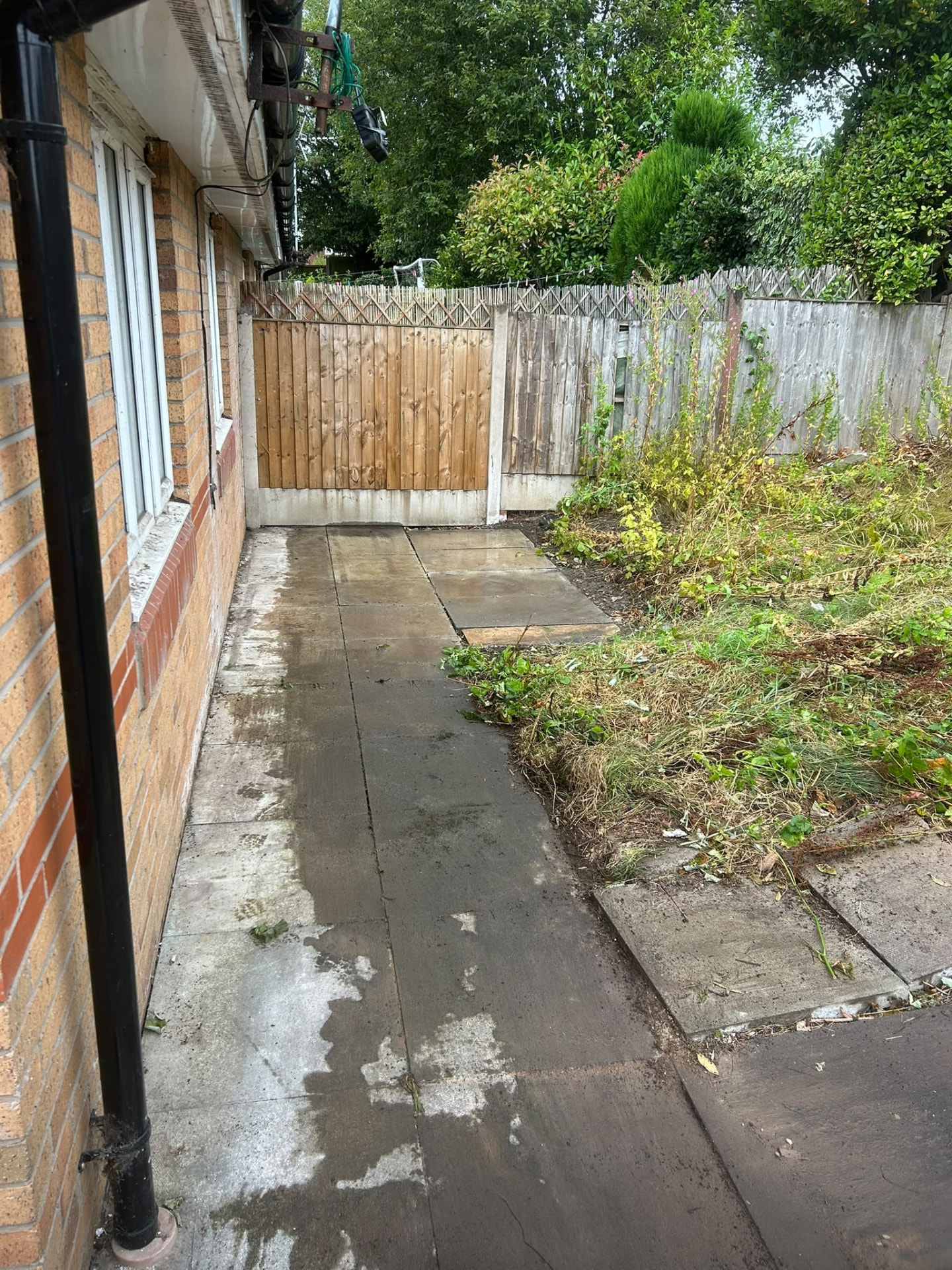 Side garden in Manchester cleared of overgrowth and garden waste, swept back to clean paving